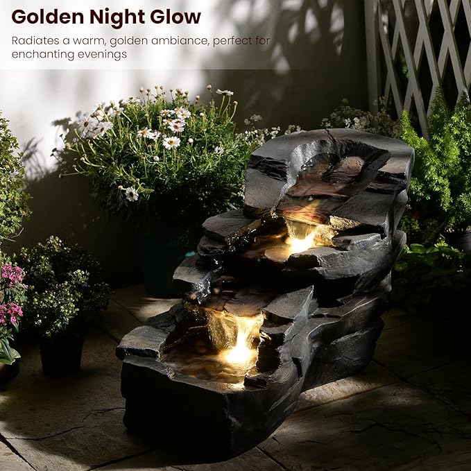 Outdoor Water Fountain 3-Tier Floor Standing Rainforest Rock River Natural Waterfall Fountains with LED Lights for Garden, Patio, Porch, Home Art Decor, 30" L