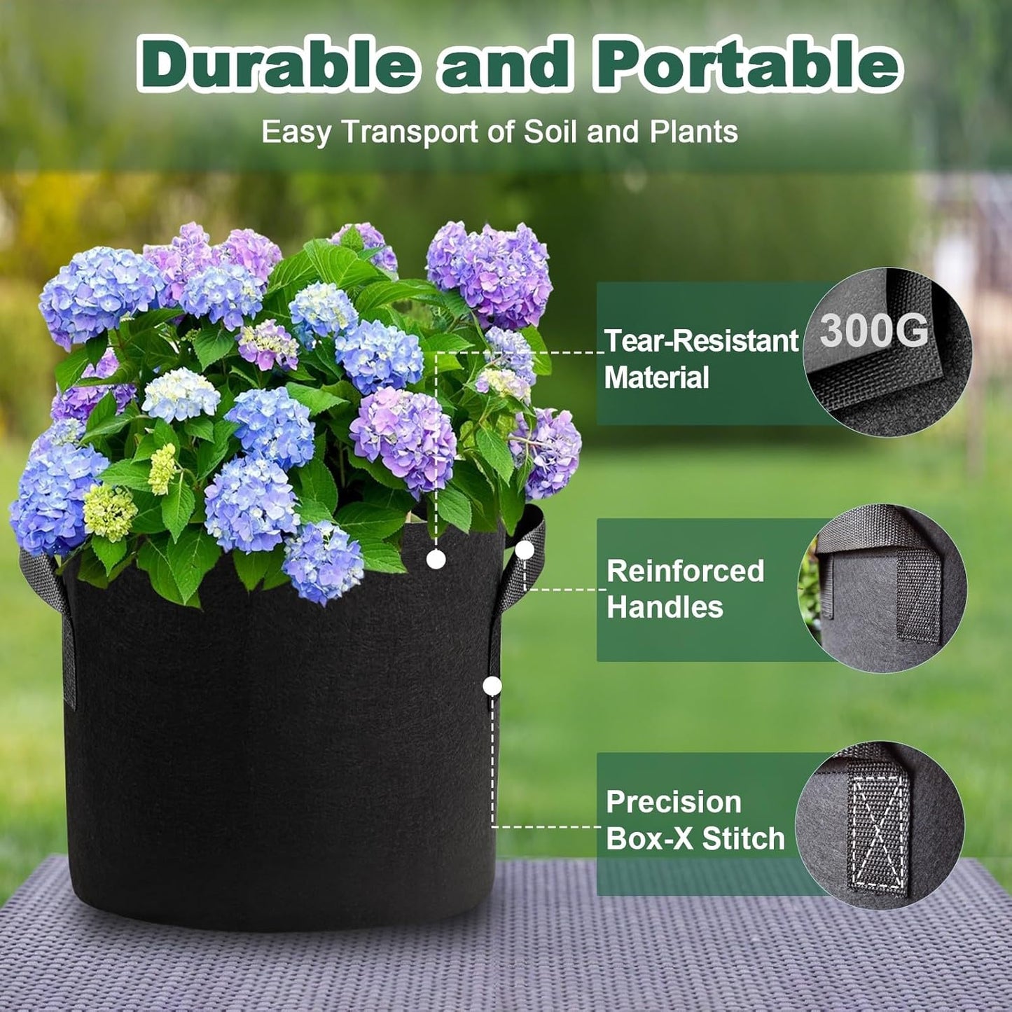 5 Pack 10 Gallon Thickened Grow Bags, Aeration Nonwoven Fabric Planting Bags with Handles, Heavy Duty 300G Garden Planter Pot for Tomato, Potato, Strawberry, Vegetable, Fruits and Flowers