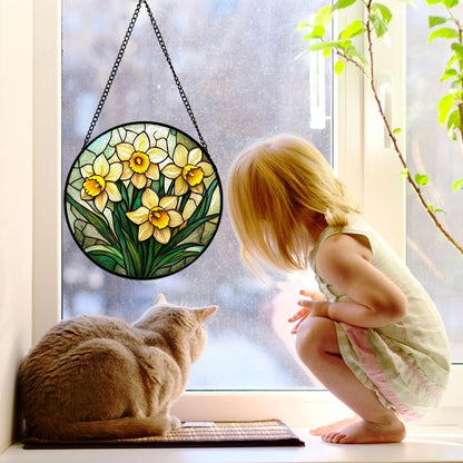 Stained Glass Window Hanging, Daffodil Plant Flowers Sun Catchers Diamond Glass Panel Hangings Suncatcher Decor for Birthday for Women, Men, Wife, Aunt, and Mom 9.8 in