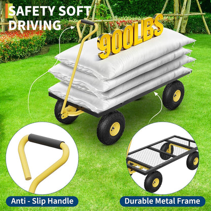 GarveeLife 900 LBS Garden Cart with Removable Mesh Sides, Heavy Duty Steel Garden Wagon with Adjustable Handles & 10 in Pneumatic Tires, Utility Wagon for Lawn Camping Farm Yard, Black+Yellow