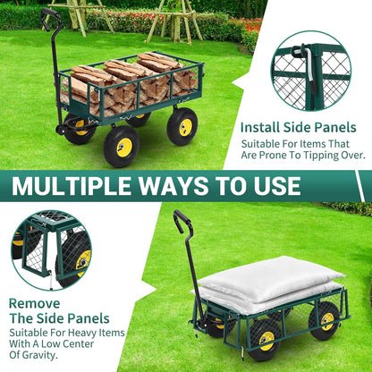 550 Lb Steel Garden Cart, Heavy-Duty Steel Garden Dump Cart with 4-Side Removable Mesh and All Terrain 10" Tires, Yard Dump Metal Cart for Lawn Farm, Green