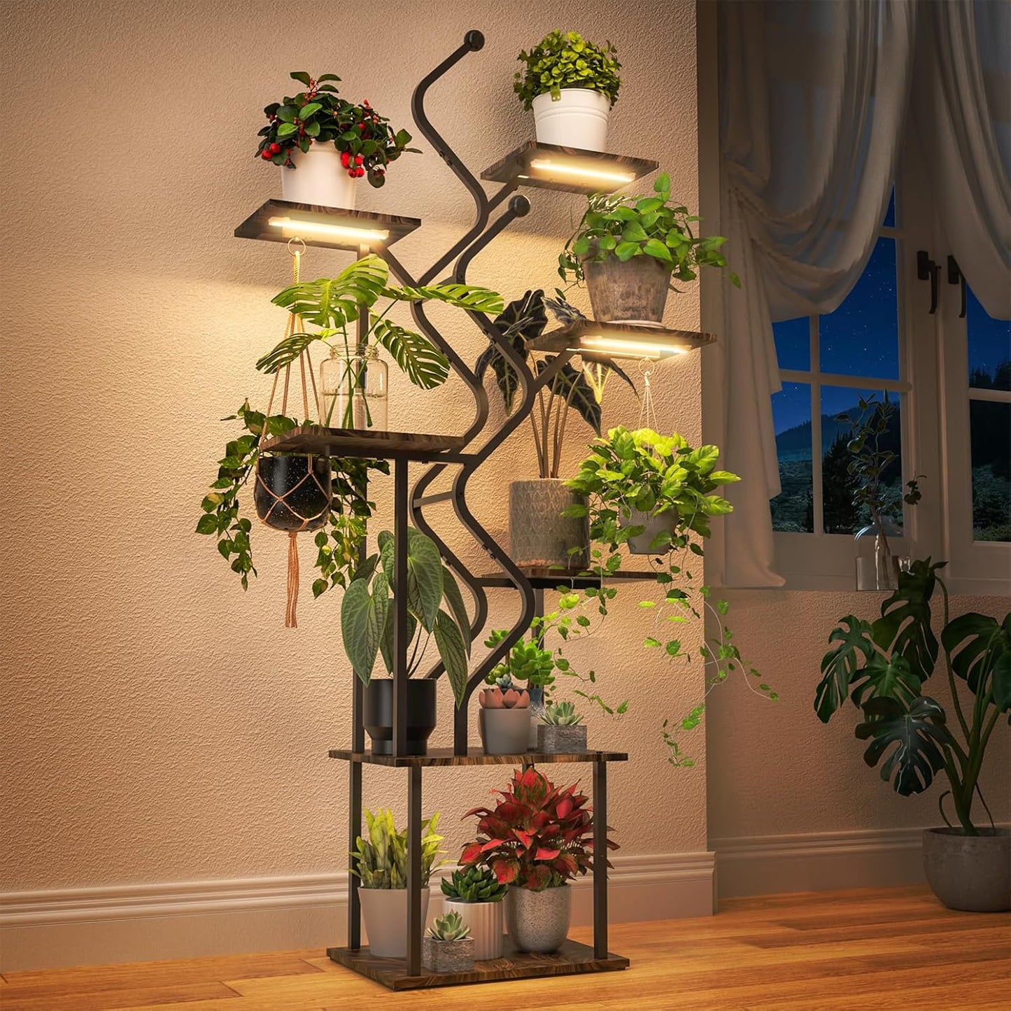 Bstrip 63 Inch Plant Stand with Grow Light, 7-Tier Indoor Plant Shelf with Hanging Hooks, Decor Corner Plant Stand for Living Room & Patio, Black