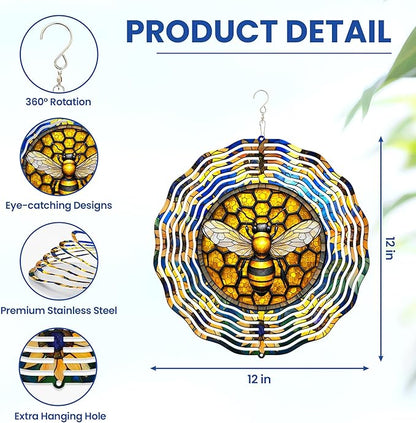 FLAGWIX Christmas Bee Wind Spinners Outdoor - 3D Stainless Steel Metal Wind Spinners 12 in - Bee Gifts Decorations for Home, House Outdoor Garden Decor for Outside, Christmas Garden Gifts for Women