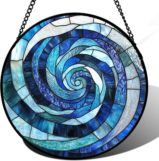 Stained Glass Window Hanging - Blue Abstract Swirl Suncatcher for Doors Garden Patio Unique Sun