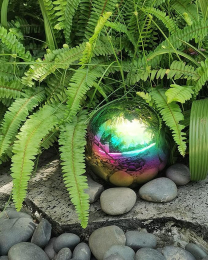 Rainbow Gazing Globe Mirror Ball in Stainless Steel, Shiny Hollow Sphere Sparkling Housewarming Outdoor Ornament (6 Inch)