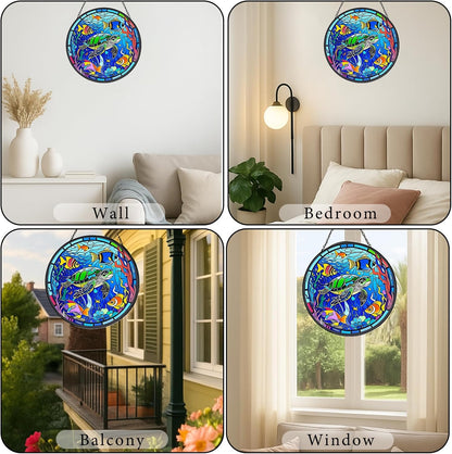 Sea Turtle Suncatchers for Windows Hanging - 8 in Stained Glass Sun Catchers Indoor Window, Suncatcher Stain Glass Window Hanging for Home Decor, Gifts for Holiday or Wall Art