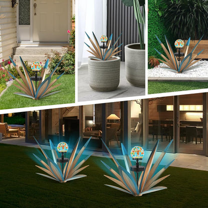 TOMBABY Solar Rustic Garden Style Metal Agave Plants Outdoor Patio, Home Decor Hand-Painted Metal Agave Garden Patio Statues, Suitable for Desert Areas, Outdoor Lawn Decorations (3 Solar Blue)
