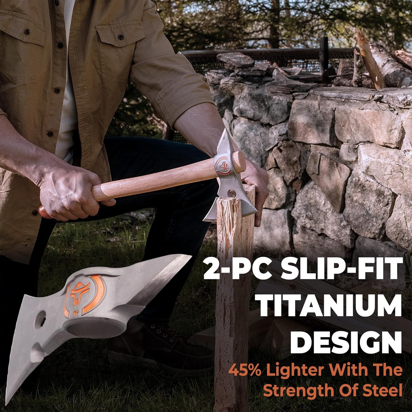 Titanium Camp Axe - 18" & 11.5" Wood Hickory Handles - Tomahawk Axe Spike End - 2-Piece Slip-Fit Design - Includes Blade Sheath and 2 Handles - Survival Axe