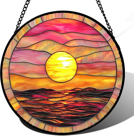 Stained Glass Window Hanging, Sunrise Sea Surface Sun Catchers Diamond Glass Panel Hangings