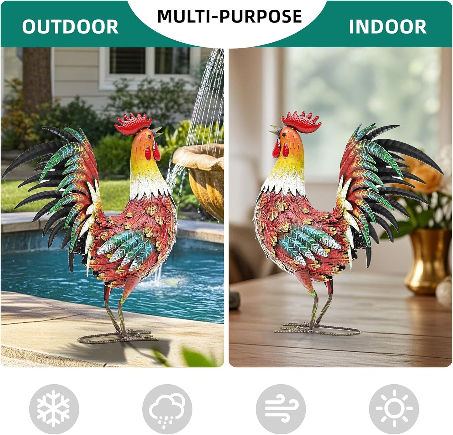 21" Metal Rooster Yard Decor, Outdoor Garden Statues, Metal Chicken Sculpture for Backyard Patio Kitchen Decor