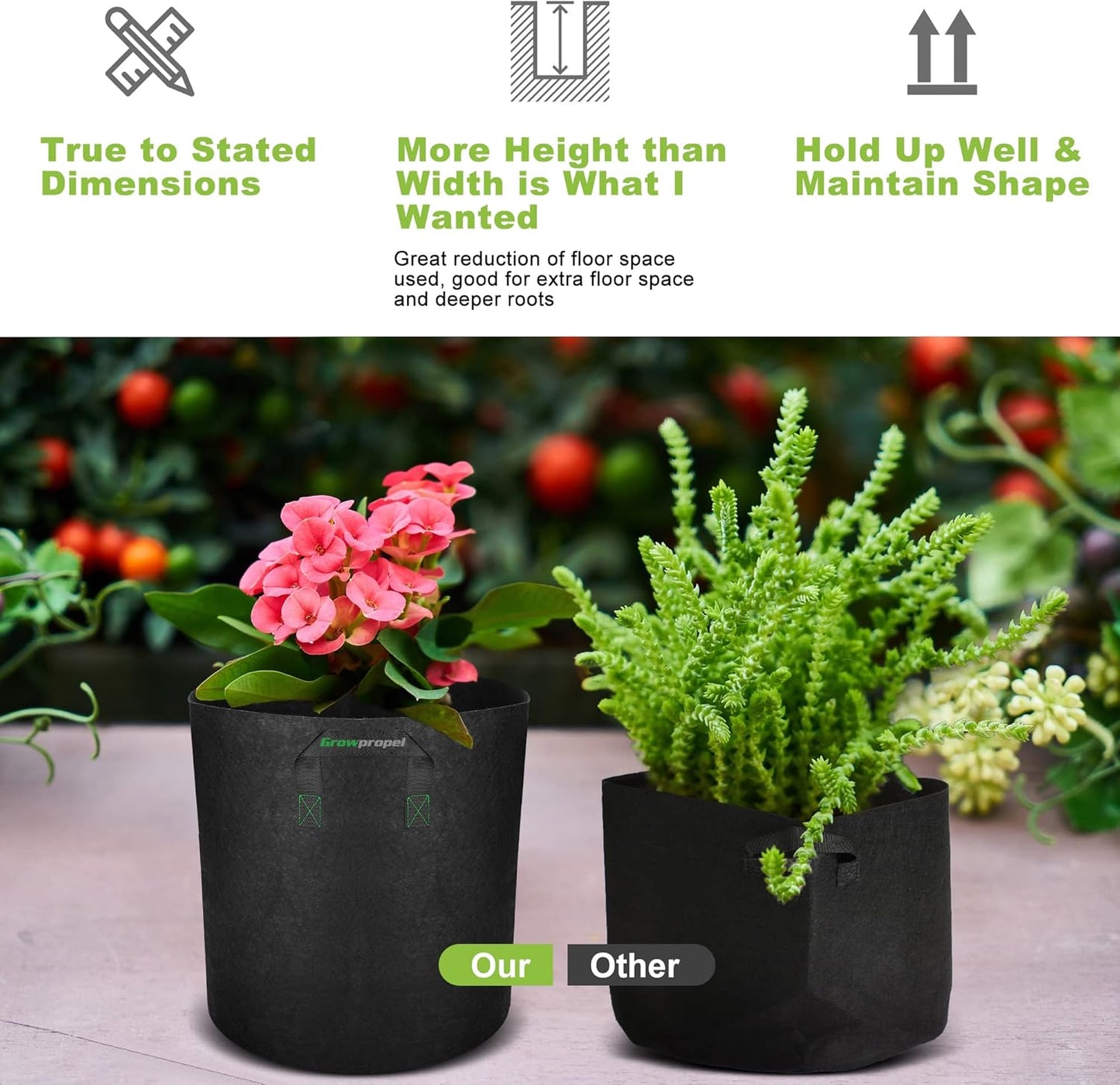 10 US Gallon 6 Pack Tall Grow Bags for Vegetables, Heavy Duty Nonwoven Aeration Fabric Deep Grow Pots with Handles