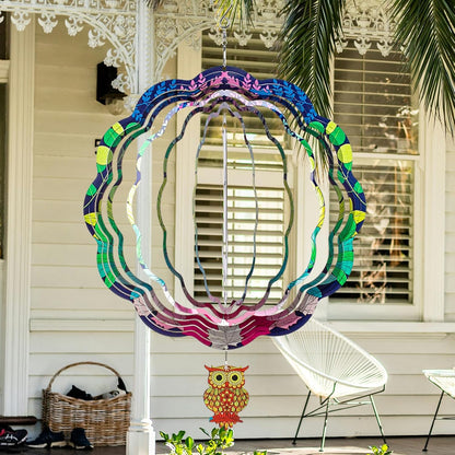 TUOKING Owl Wind Spinners Outdoor Metal 3D Hanging Art Wind Spinner 12 Inch Stainless Steel for Yard and Garden Decoration Worth Gift for Women