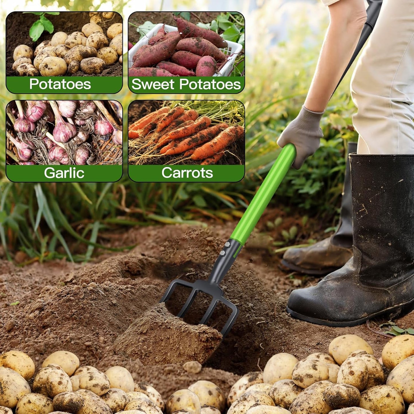 GARDENWORK Garden Fork,Pitchfork for Garden Digging Compost Spading,4-Tines Pitch Fork with Steel Handle and Strengthen Fork Head 45inches (with Protective Gloves)