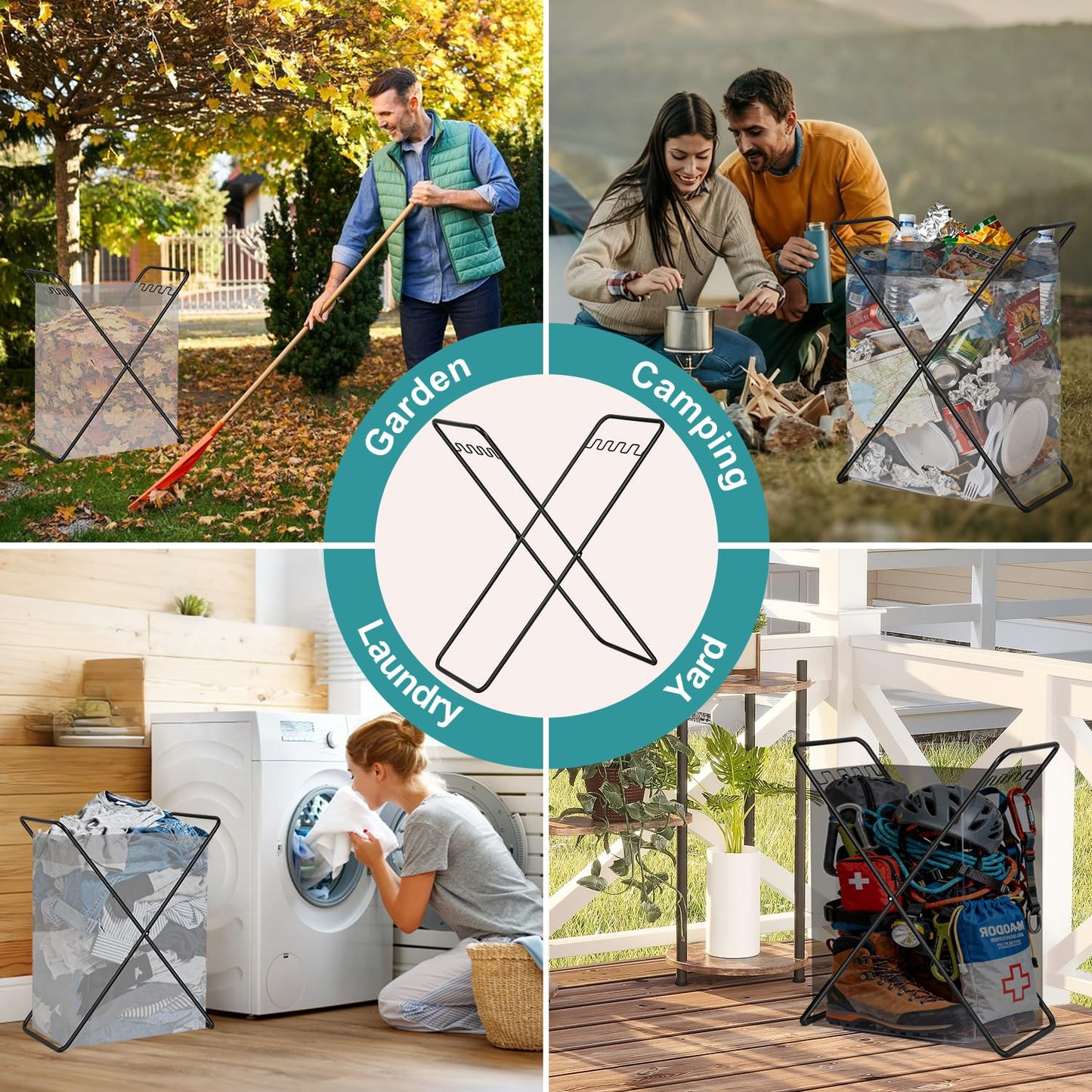 Trash Bag Holder Stand, Heavy Duty Foldable Metal Garbage Bag Frame Fits 30-50 Gallon, Portable Yard Leaf Bag Holder for Lawn Cleanup, Camping, Weeding, Parties