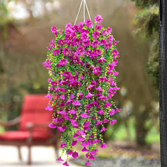 4 Pack Artificial Faux Hanging Flowers Plant for Outdoor, Fake Silk Morning Glory with Eucalyptus