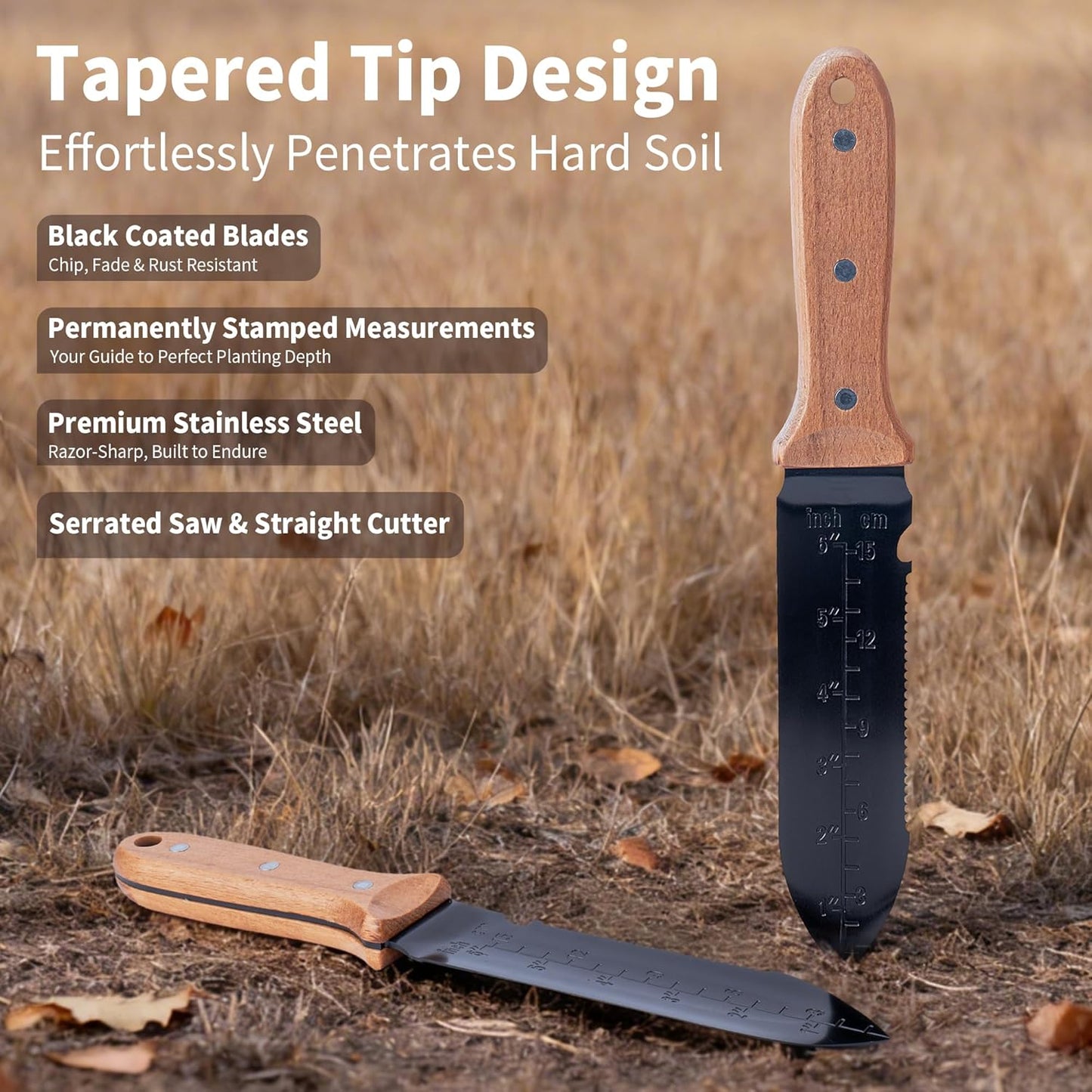 WILLKOMMEN Hori Hori Garden Knife- Garden Tools with Rugged Oxford Cloth Sheath, 7" Stainless Steel Blade for Digging, Weeding & Planting Full Tang Beechwood Handle (Pointed Tip)