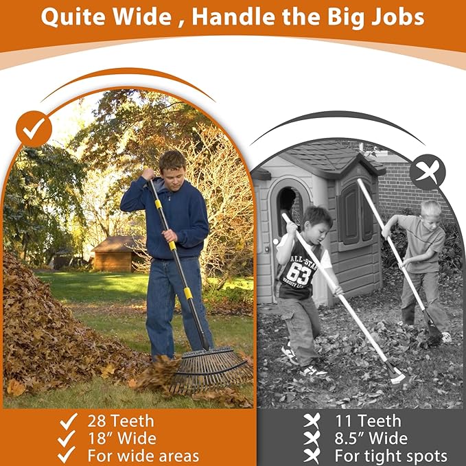 Rake, 65 Inch Long Garden Rake, 25 Tines 18 Inch Wide Heavy Duty Metal Leaf Rakes for Leaves Shrub, Yard Thatching Rakes with Adjustable Long Handle for Wees,Debris, Leaves,Grass