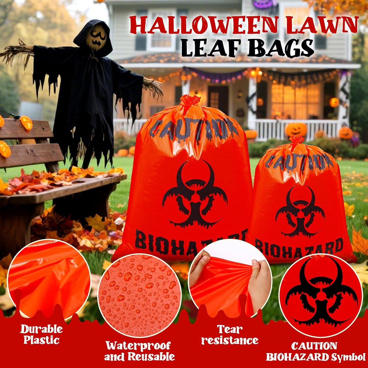 12 Pcs Large Halloween Leaf Bags Biohazard Halloween Decorations Halloween Trash Bags for Leaves Plastic Yard Lawn Waste Bags Scientist Biohazard Bags Outdoor Biohazard Zombie Party Decorations (Red)