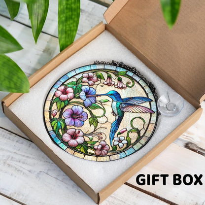 7.8" Hummingbird and Flowers Stained Glass Suncatcher, Art Glass Birds and Flowers for Sun Catcher Indoor Window Floral Gifts for Women Mom Nana Nature Lovers Friend Painted Panel Décor BIRD-64B-SG8