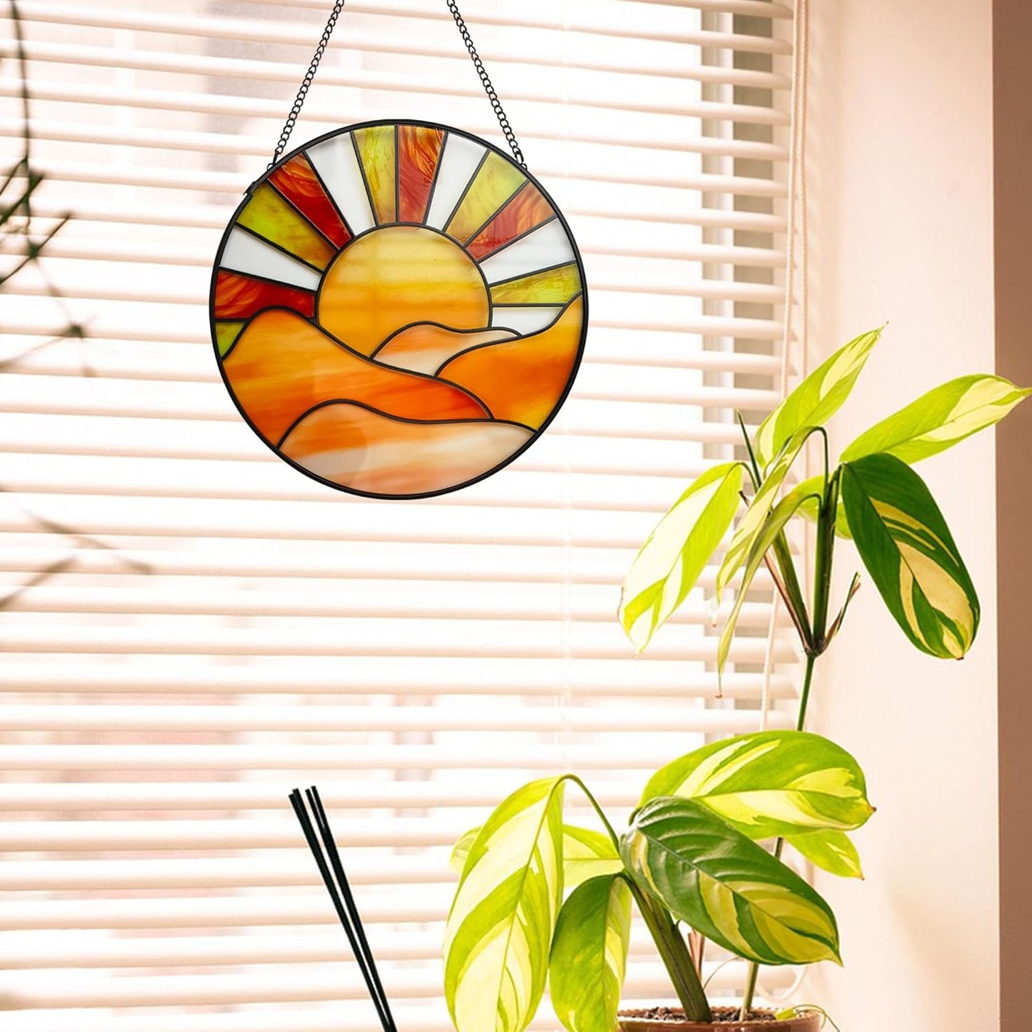 Sunrise Sun Catcher Stained Glass Window Hanging, 20cm Suncatchers for Wall Window Decor, Hand Painted Glass Artistic Birthday Gifts for Women