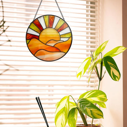 Sunrise Sun Catcher Stained Glass Window Hanging, 20cm Suncatchers for Wall Window Decor, Hand Painted Glass Artistic Birthday Gifts for Women