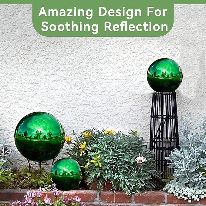 Lily's Home Stainless Steel Gazing Globe Mirror Ball, Colorful and Shiny Addition to Any Garden or Home. Sparkling Green (10 Inch)