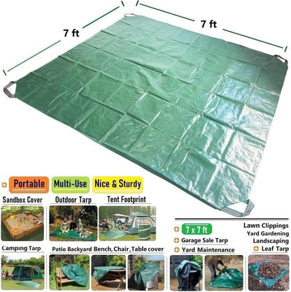 7x7 Ft Yard Garden Leaf Tarp W/ 4 Handles Waterproof Tarp for Sandbox Cover,Outdoor Tarpaulin,Lawn Debris,Landscape Pruning,Leaf Hauler,Tent Footprint,Camping Tent Mat,Patio Table,Yard Fire Pit Cover