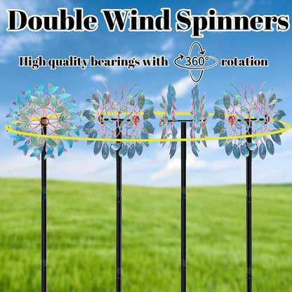 66 Inch Metal Outdoor Wind Spinner, 2-Way Wind Sculpture Spinner with Metal Stake, Waterproof 360 Degrees Kinetic Windmill Art Decoration for Patio Garden Lawn (A- Vintage Blue)
