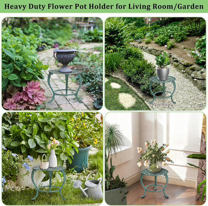OwnMy Cast Iron Plant Stand Heavy Duty Vintage Wrought Iron Flower Pot Holder, Decorative Pedestal Potted Plant Rack, Indoor Metal Large Plant Stand for Outdoor Patio Garden Home, Antique Green