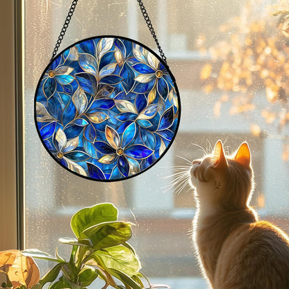 Stained Glass Window Hanging - Blue Gold Abstract Flowers Suncatcher for Door Terrace Garden Home Decor, Plant Sun Catcher Birthday Gifts for Lovers Women Men Dad Mom Nana 9.8 in