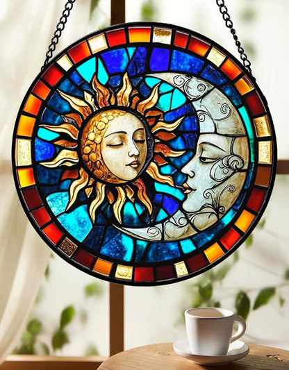 Sun and Moon Decorative Stained Glass Sun Catcher - Handcrafted 7.87 Inch Celestial Decoration, Stained Glass Window Hanging, Outdoor Garden Decor Gift, Gift for Friends, Family, Coworkers, Classmates