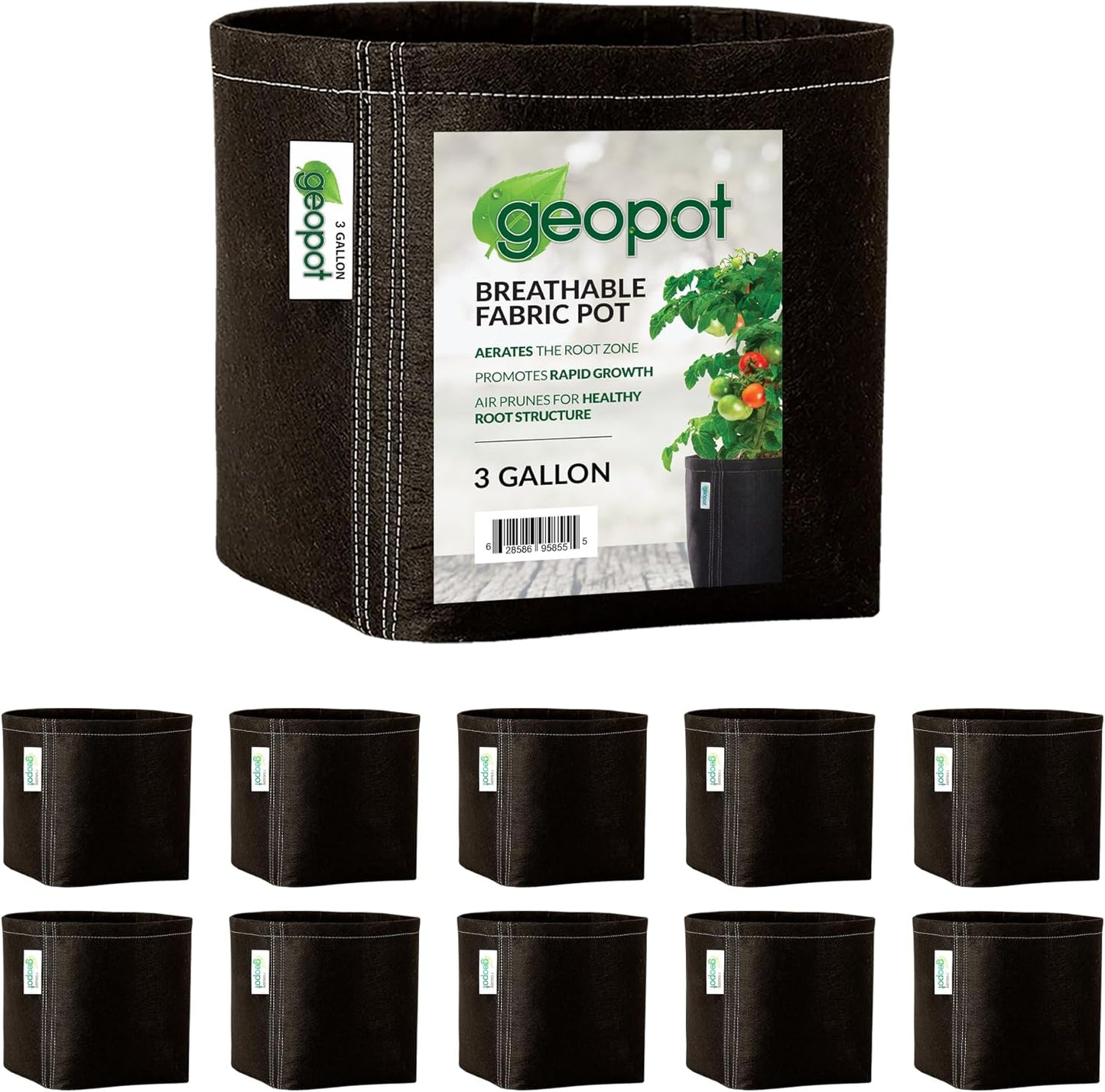GeoPot 3 Gallon Fabric Grow Bags for Vegetables, Houseplants, Herbs & Flowers | 10-Pack | Fabric Pots for Outdoors and Indoors, Aerated Fabric Grow Bags