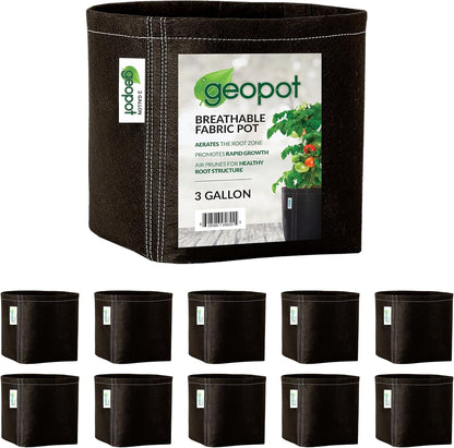 GeoPot 3 Gallon Fabric Grow Bags for Vegetables, Houseplants, Herbs & Flowers | 10-Pack | Fabric Pots for Outdoors and Indoors, Aerated Fabric Grow Bags