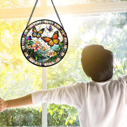 Stained Glass Window Hanging, Butterflies Flying in The Sky Suncatcher for Doors Home Sun Catchers Decoration and Christmas, Mother's Day Birthday Gifts for Women, Men, and Mom 6.3 in