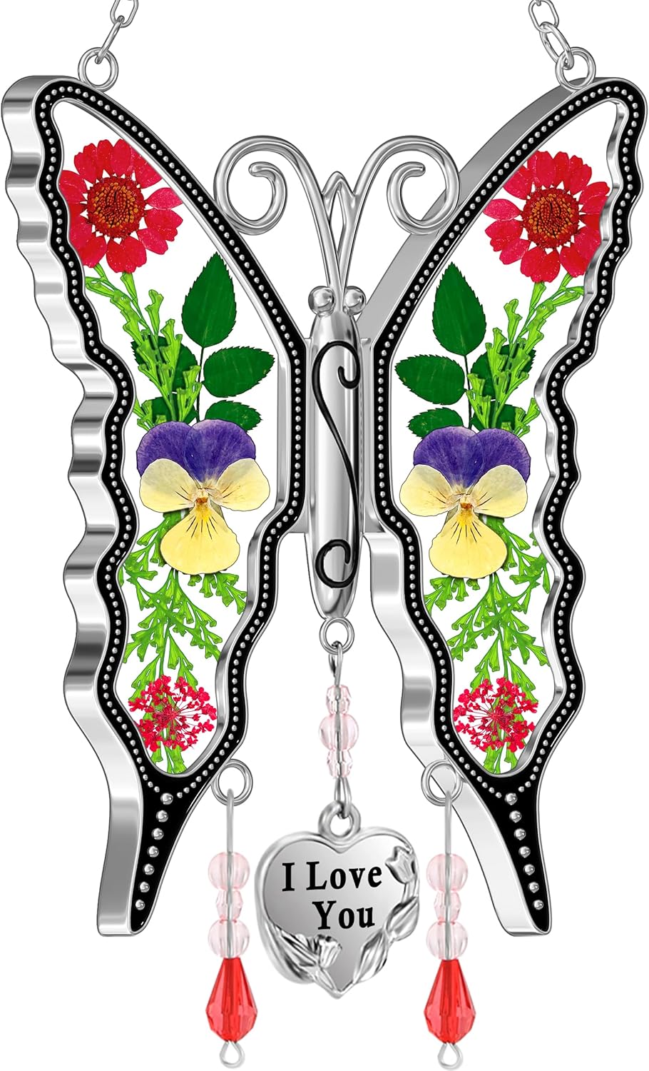 KY&BOSAM Suncatcher Butterfly Stained Glass Wind Chime Ornament for Window Hangings with Pressed Flower Wings in Glass and I Love You Heart Charm Gifts for Mom Women Mother's Day Valentine's Birthday