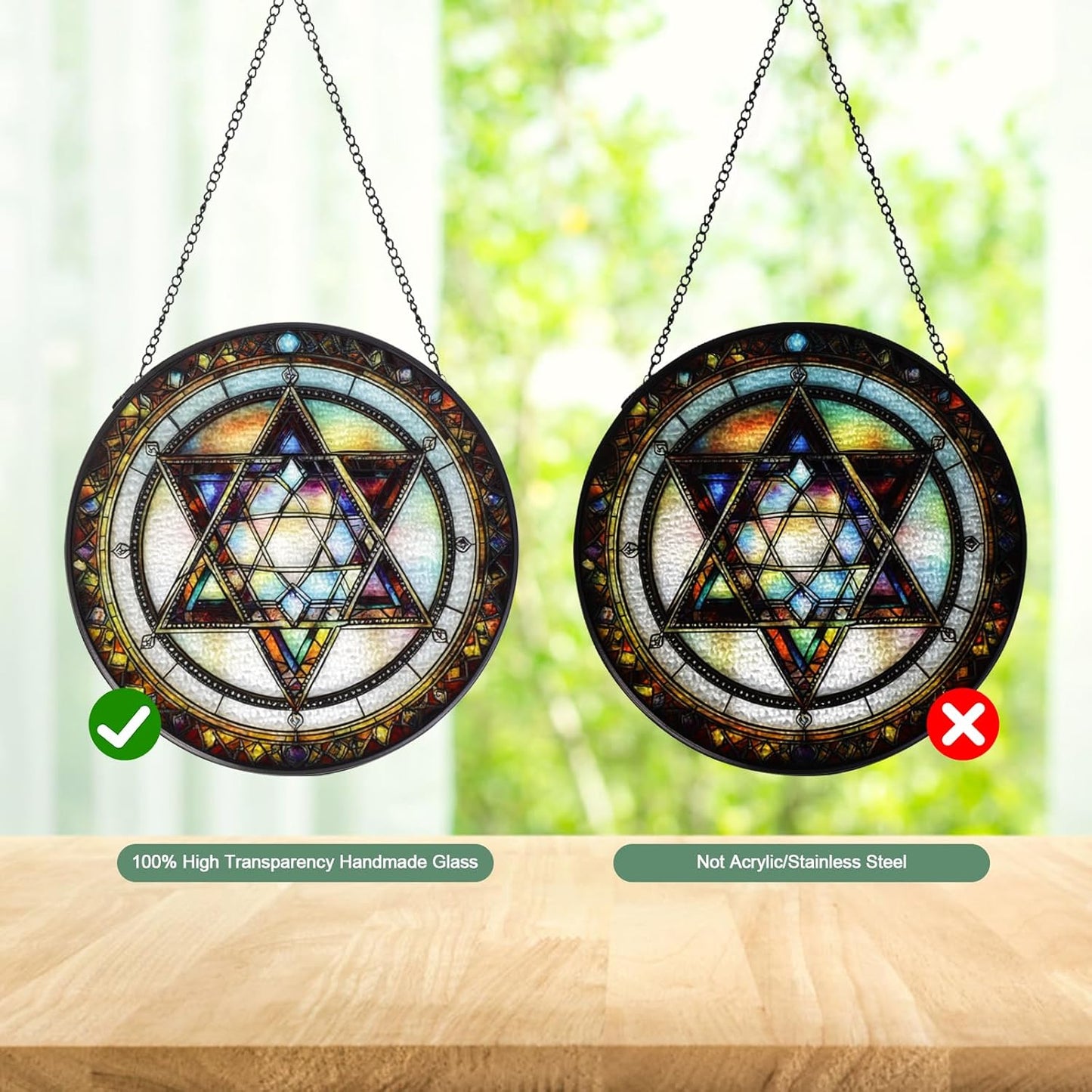 Star of David Handmade Stained Glass Window Hanging Suncatcher with Chain - 7.9" Outdoor/Indoor Art Decor for Home Garden, Wedding, Mother's, Valentine's & Christmas Ornaments Present