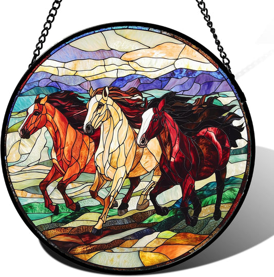 Stained Glass Window Hanging, Colorful Landscape Running Horse Suncatcher for Doors Window Home Sun