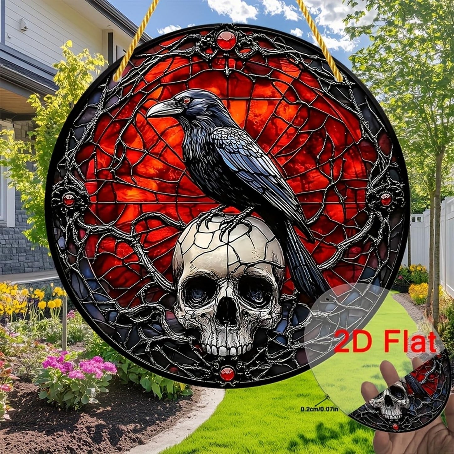Halloween Sun Catchers Indoor Window Raven Skull Goth Window Decoration Black Goth Acrylic Decoration Black Red with Chain for Home Garden Housewarming Ornaments Gifts for Women Friend Party 7.87 Inch