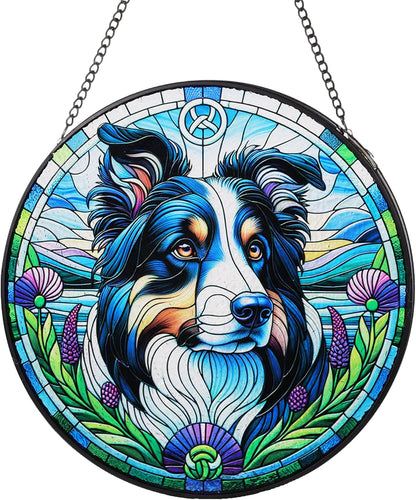 Stained Glass Dog Memorial Suncatcher,Border Collie Window Hanging,Sympathy Gifts for Pet Loss,7.9 inch/20 cm Home and Garden Decor for Dog Lovers (Border Collie)