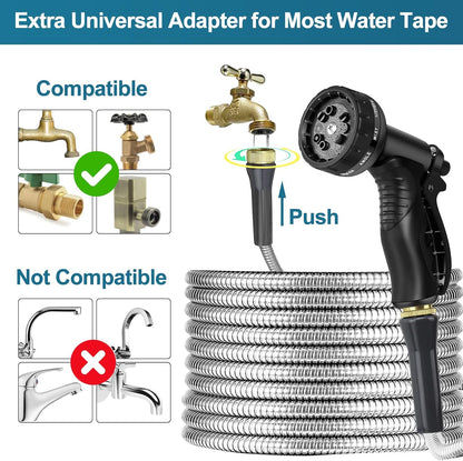 Stainless Steel Garden Hose 100ft Heavy Duty Metal Water Hoses with 10 Function Water Hose Nozzles for Yard Outdoor