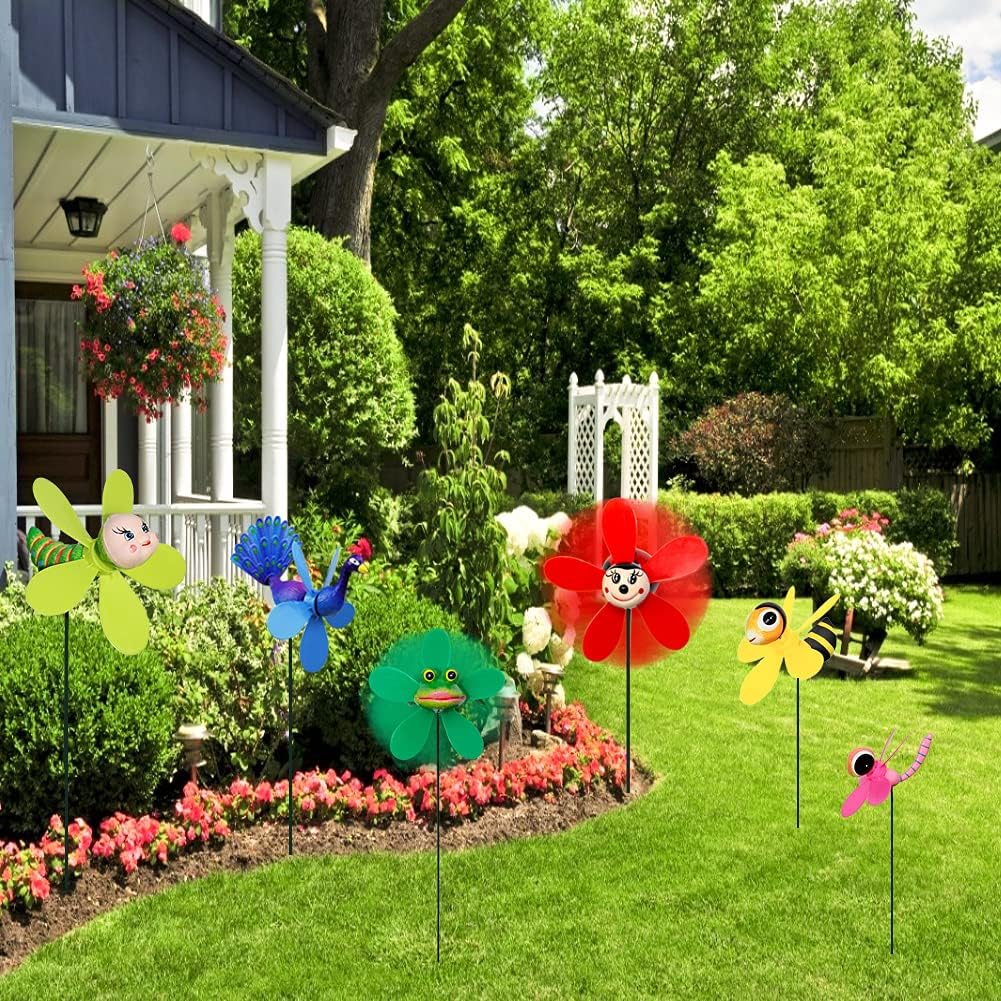 Garden Pinwheels, 6 Pack Wind Spinners with Metal Stakes, Colorful Decor Pinwheels Windmills Whirligigs Kids Toys for Outdoor Indoor Garden Yard Lawn Patio Party Wedding Decorations