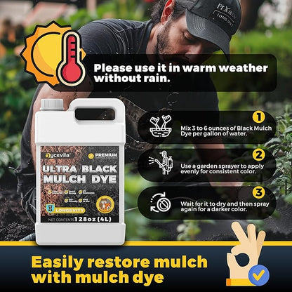 128oz Concentrated Ultra Black Mulch Dye with Gloves, Liquid Rubber Dye Spray Covers up to 14,400 Sq. Ft, Long-Lasting Finish Black Bark Paint for Mulch Restoration and Enhancement Landscaping