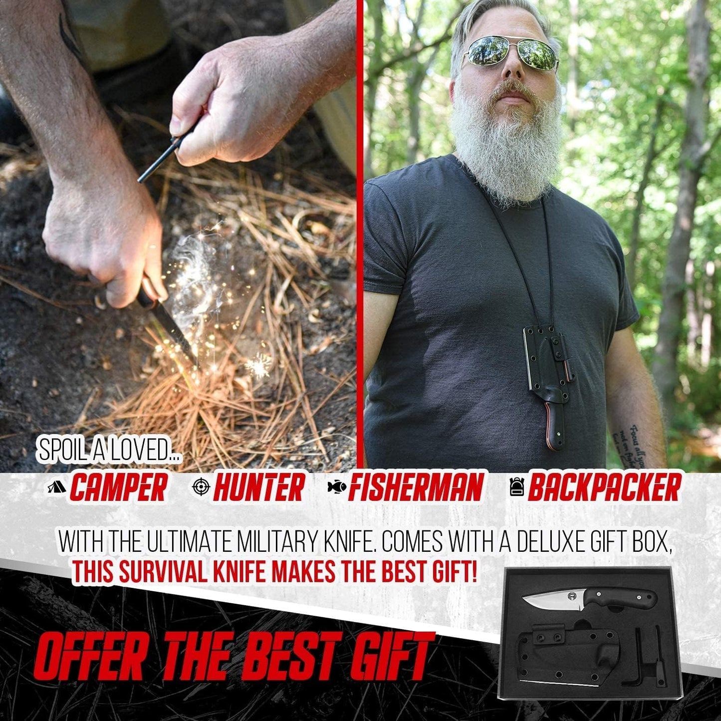 Redline Fixed Blade Hunting Knife with Ferro Rod and Sheath - Perfect for Outdoor Adventures - Holtzman's Gorilla Survival