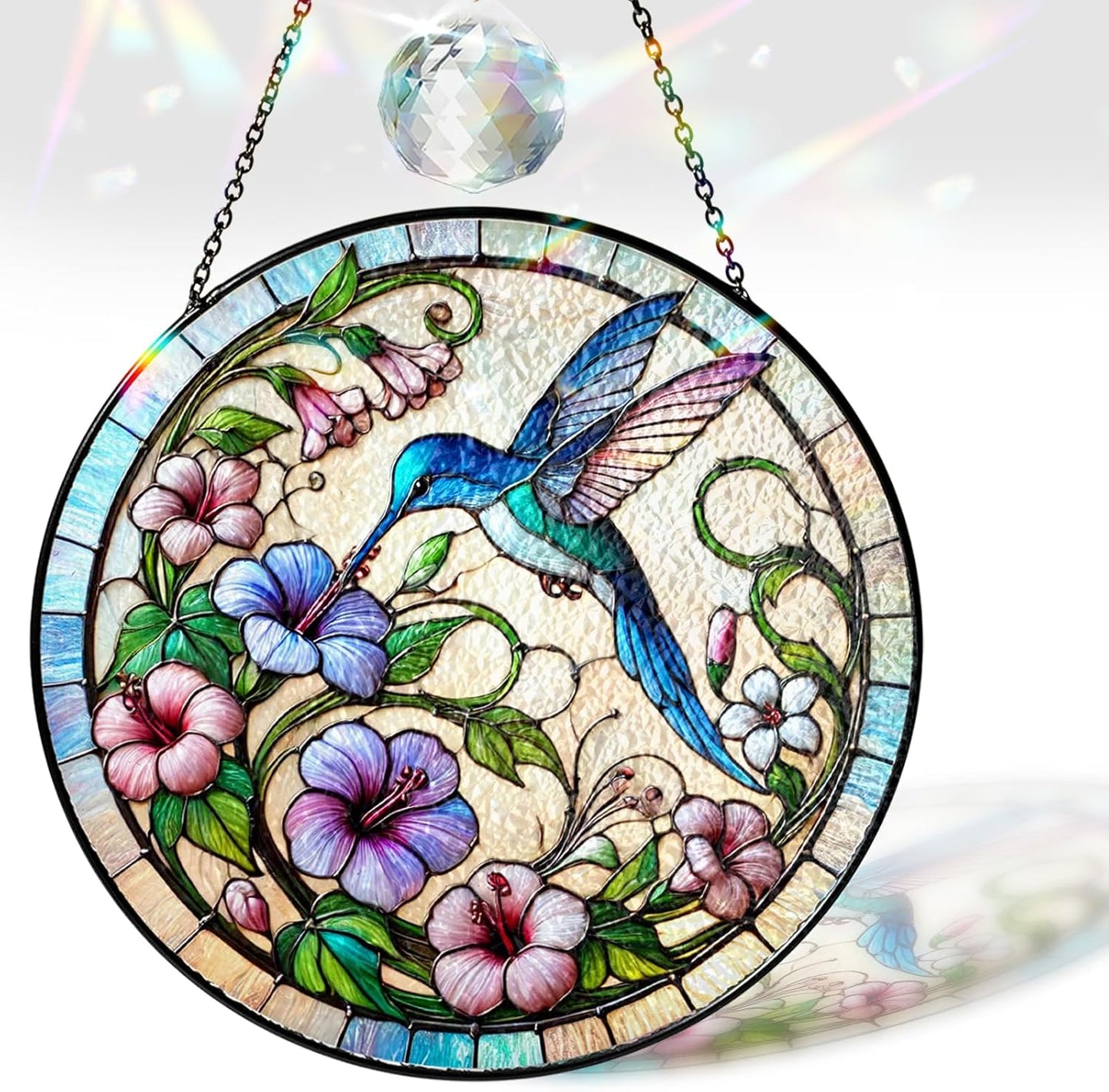 7.8" Hummingbird and Flowers Stained Glass Suncatcher, Art Glass Birds and Flowers for Sun Catcher Indoor Window Floral Gifts for Women Mom Nana Nature Lovers Friend Painted Panel Décor BIRD-64B-SG8