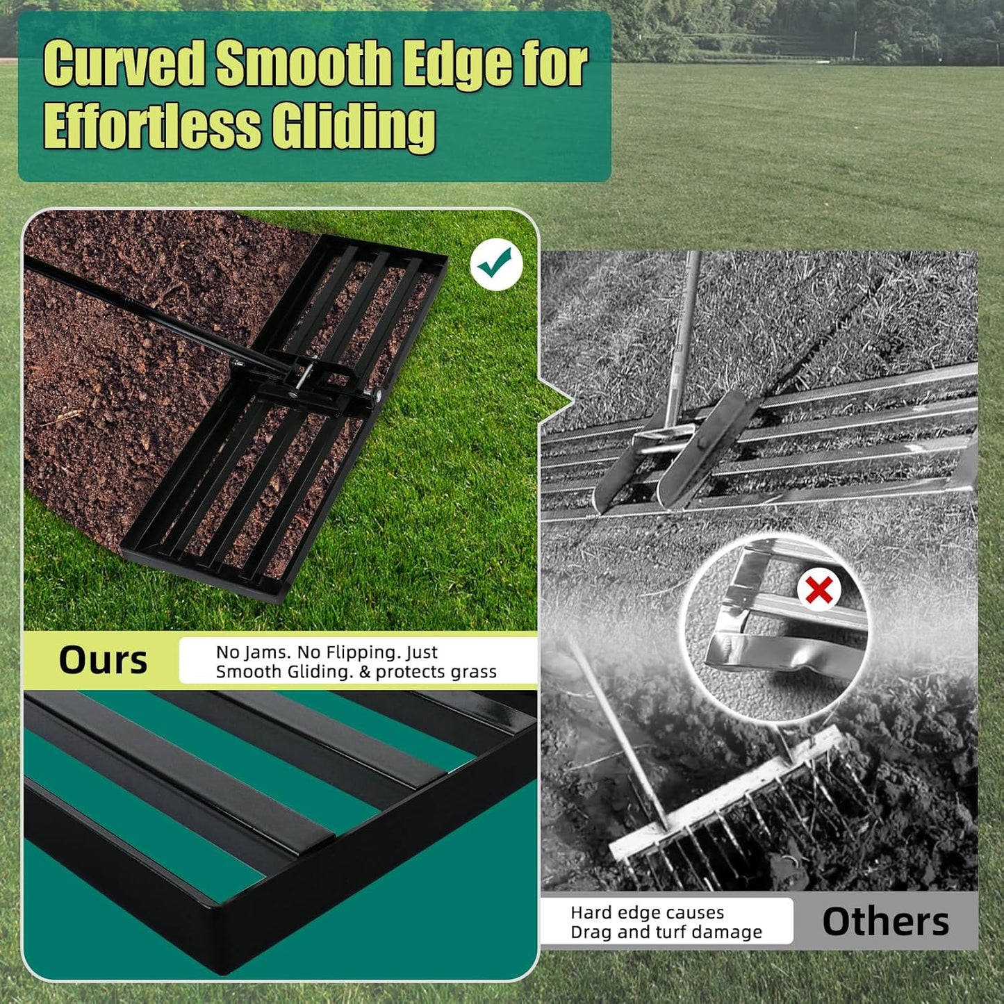 Lawn Leveling Rake 17 x 10 Inch Stainless Steel Heavy Duty Ground Leveler, Flipping-Resistant Smooth Edge, Adjustable Handle 28–60 Inches for Backyard Landscape, Garden, Golf Course, Farm, Pasture.