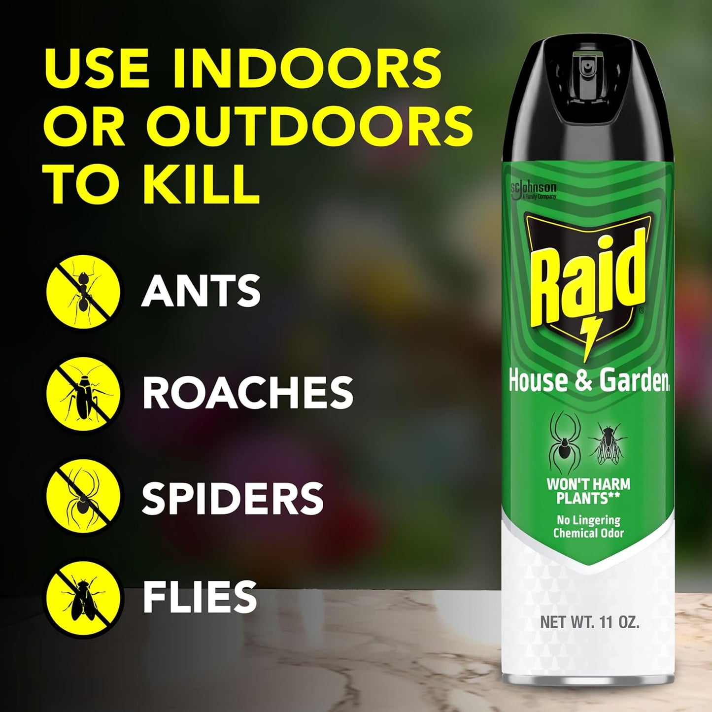 Raid House and Garden Insect Killer, Kills Ants, Roaches, Spiders and Flies on Contact, 11oz