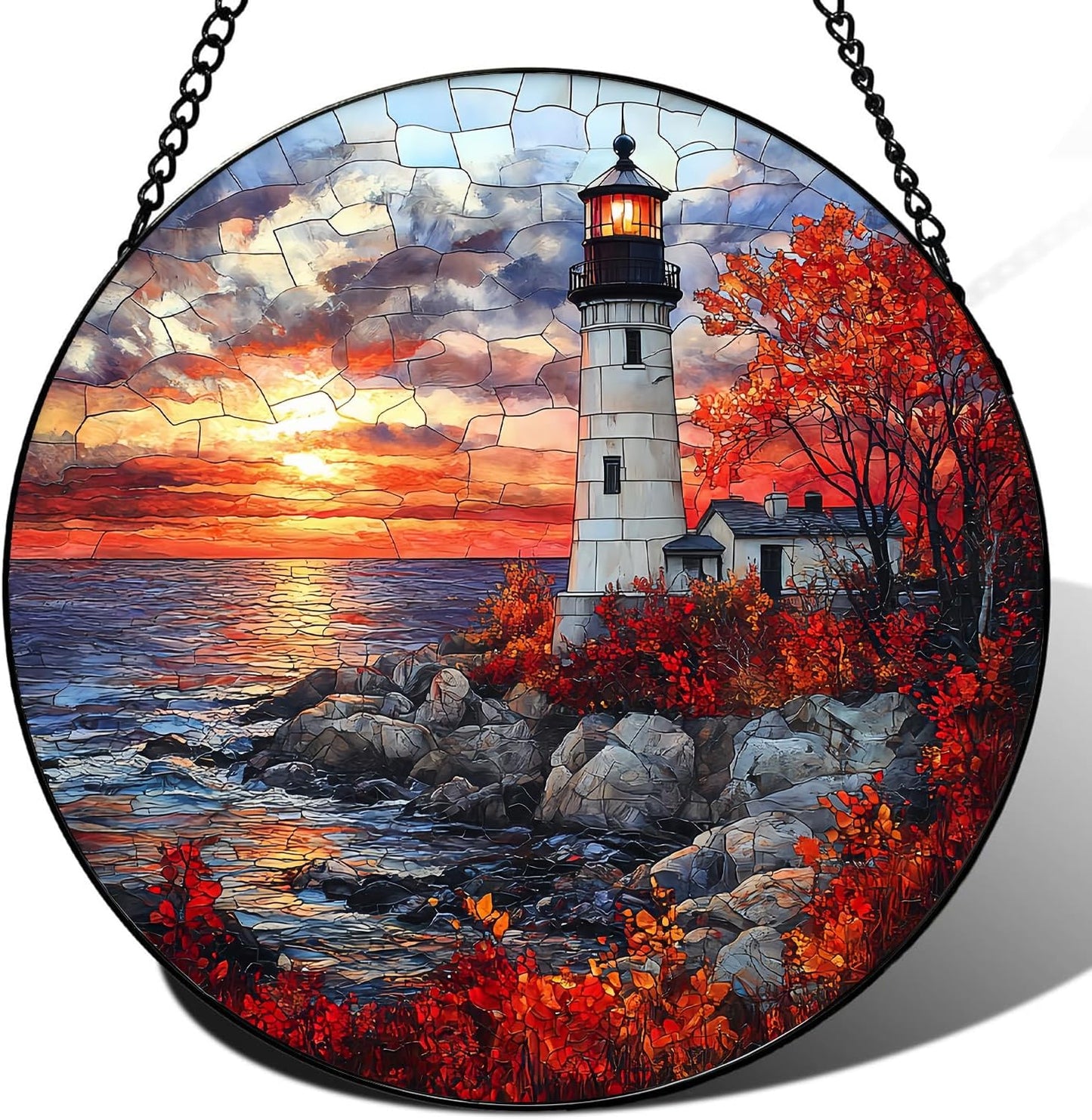 Coastal Lighthouse in Autumn Suncatcher -7.9 in Stained Glass Window Hanging Sun Catcher Garden Decor