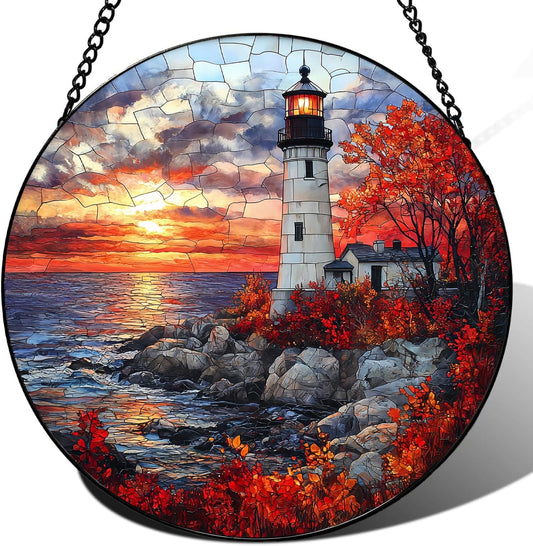 Coastal Lighthouse in Autumn Suncatcher -7.9 in Stained Glass Window Hanging Sun Catcher Garden Decor