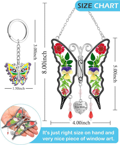 KY&BOSAM Gifts for Mom I Love You Mom Butterfly Suncatcher Mother Gift Purple Butterfly Stained Glass for Windows Hanging Wind Chime Pressed Real Flowe Birthday Gift for Women Mother`s Day Christmas