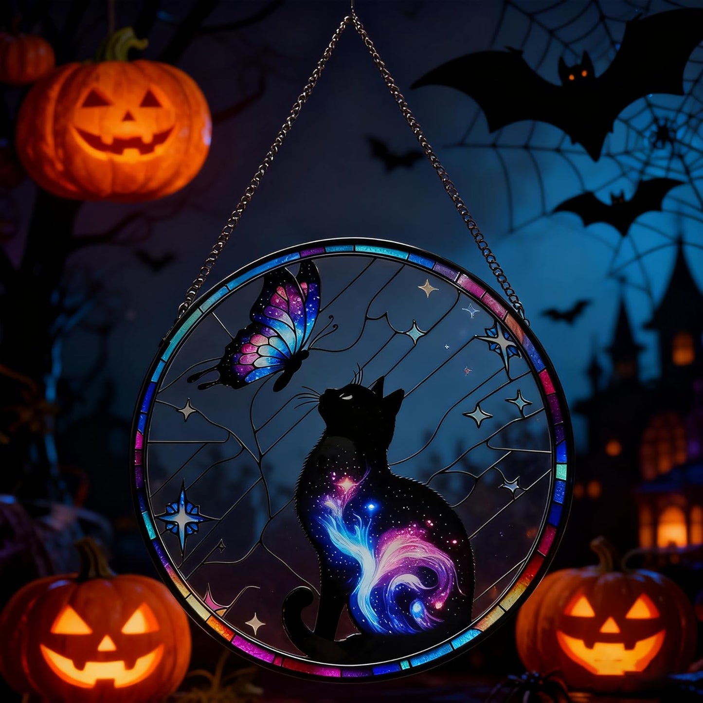 Black Cat Stained Glass Window Hanging, 9.8'' Black Cat & Butterfly with Nebula Design Suncatcher Indoor Outdoor Home Decor for Cats Lovers, Gift for Halloween